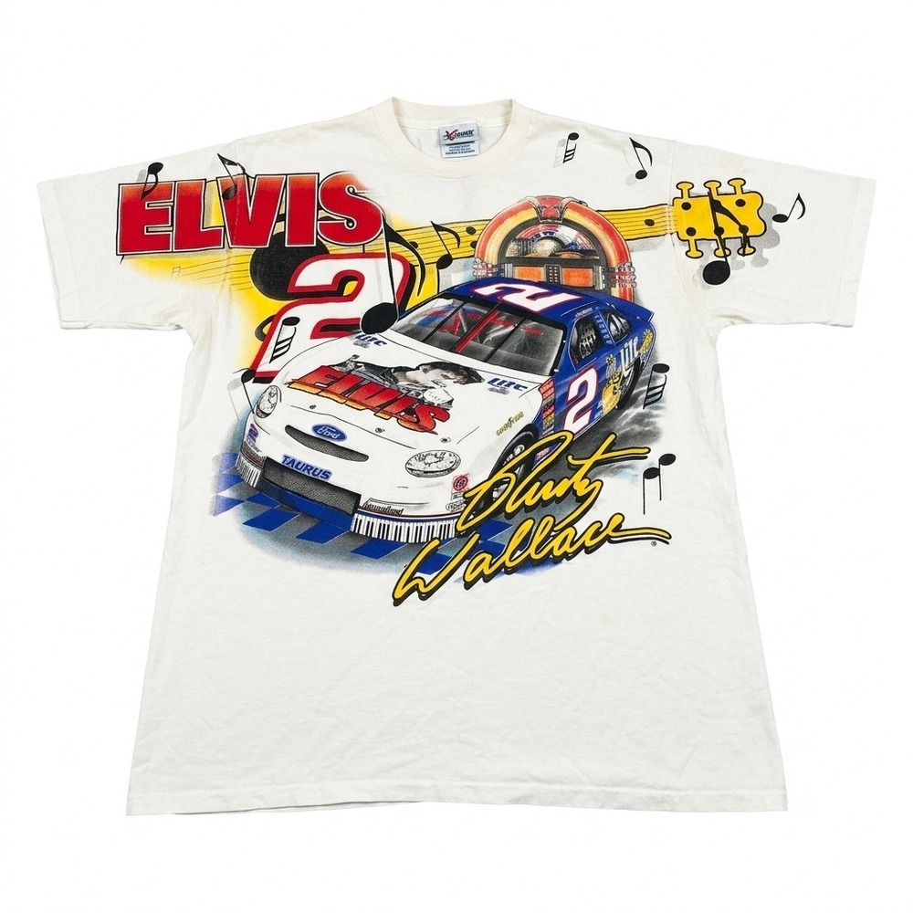 VINTAGE Chase‎ Authentics XXL Rusty Wallace Elvis AOP T-Shirt NASCAR 1998